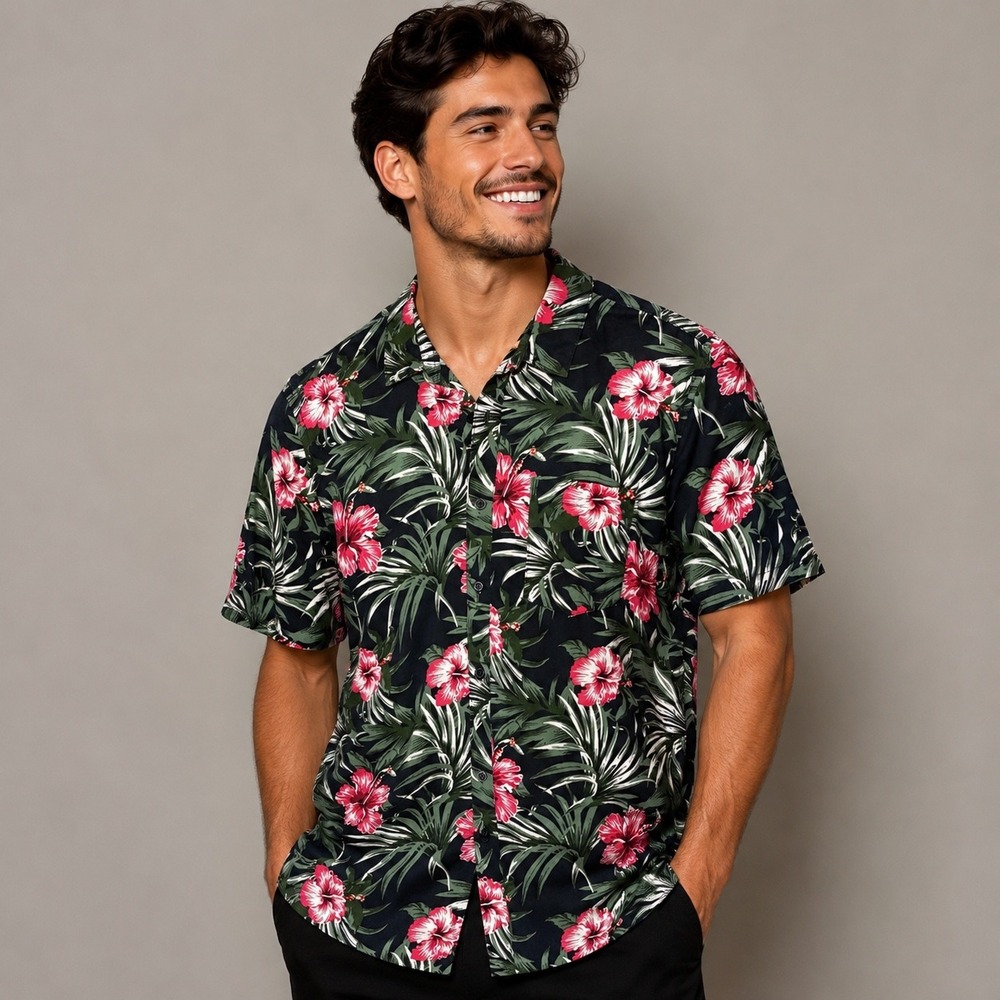 Forever 21 Men Tropical Hibiscus Floral Short Sl Button Down Shirt XL Black 0128